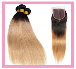 Extensões de cabelo virgem brasileiro 1b27 ombre cabelo humano 3 pacotes com fechamento de renda 4x4 em linha reta 4 peças lote 1b 27 produtos de cabelo3755090