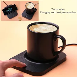 2 In1 Smart Cup Heater Pad Phone Wireless Charger Coffee Coffee Dug Warmer Plate Electric Thailing Coaster Warming Tea Maker 240102