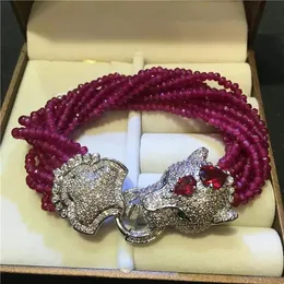 Pulseira artesanal cabeça de leopardo micro incrustação zircão fecho pedra roxa multilinhas pulseira caixa de presente embalagem