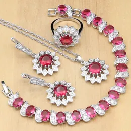 Armbänder Blume Sier Schmuck Rose Rot Rubin Weiß Cz Schmucksets für Hochzeit Ohrringe/Anhänger/Ringe/Armband/Halskette Set