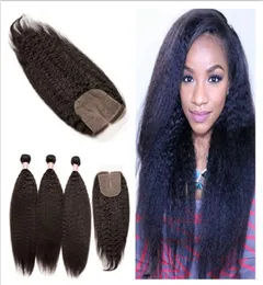 Virgin Peruvian Kinky Straight Hair With 4x4 Silk Base Closure 4Pcs Lot Italian Coarse Yaki Silk Top Closure With Virgin Hair Weav3453377