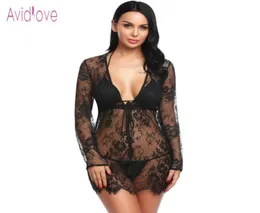 Avidlove Sexy dentelle nuisette robe Lingerie érotique sexe Costume femmes sexe Lingerie à manches longues vêtements de nuit avec soutien-gorge Gstring Y18113572574