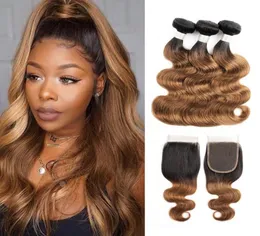 Ombre Brown Hair Bundles z zamknięciem 1b 30 ciemne korzenie peruwiańskie fala ciała Włosy 3 wiązki z koronkowym końcowym 4x4