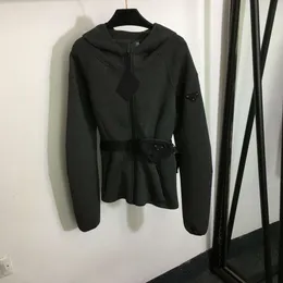 Jaquetas masculinas outono/inverno moda feminina triângulo etiqueta zíper cintura saco fivela de segurança cinto manga longa casaco com capuz