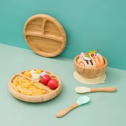 2st Baby Wood Partition Feeding Table Set Togles Soild Food Feed Spoon Dish Plate With Sug Cup Children's Stuff 240102