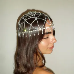 Böhmen Crystal Tassel Head Chain Flapper Cap Huvudbotten Bröllopstillbehör för kvinnor Rhinestone Hair Chain Headpiece Jewelry 240102