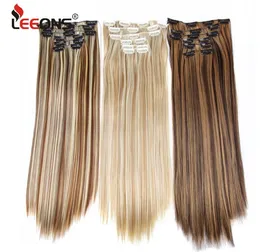 Clips de extensiones de cabello sintético largo y recto, 16 colores, postizo Rubio negro de fibra de alta temperatura para 4657300