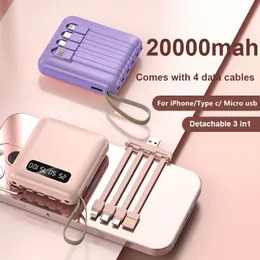 Mini 20000 mAh Powerbank für iPhone, mobiles Ladegerät, tragbares Ladegerät, externer Akku, LED-Digitalanzeige, USB-Powerbank mit Trageband, 4 Kabel, schnelles Aufladen