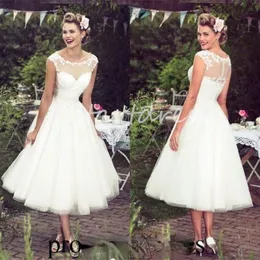 Elegante abito da sposa corto lunghezza tè Scoop A Line Tulle pizzo Boho Abito da sposa Elegante abito da sposa country civile 2024 Appliques Beach Abiti da sposa Robe Mariage