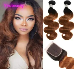 Brazylijskie dziewicze włosy 2 wiązki z koronkowym zamknięciem 4x4 1B30 Fala Body 3 sztuki 1B 30 Ombre Human Hair Extensy 5319675