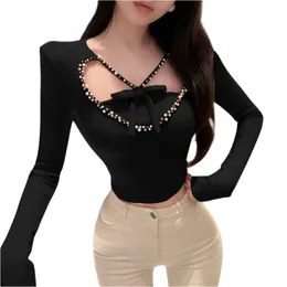 Women's v-neck beading hollow out love heart shape thread knitted long sleeve top SMLXL