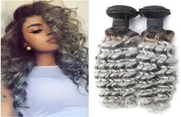 Virgin Peruvian Human Hair 1BGrey 2Tone Ombre Weaves Deep Wave Wavy Virgin Hair Wefts Extensions 3Pcs Ombre Silver Grey Human Hai5324053