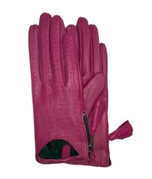 Guantes sensibles con panel táctil de cuero genuino importados para mujer otoño e invierno forro polar fino engrosado cálido conducción con cremallera borla corta Goa9579341