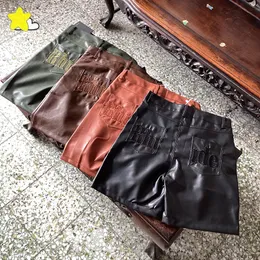 High Quality Burgundy Green Black PU Leather Shorts Men Women Summer Casual Embroidery Letter Breeches With Tags