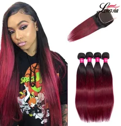 Peruvian human hair bundles with closure 44 1b99j ombre straight hair with closure 34 bundles Peruvian straight virgin hair ext9658649