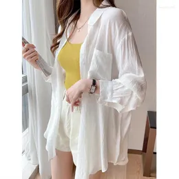 Women's Blouses Ice Silk White Sunscreen Shirt Long Sleeved 2024 Summer Versatile Cardigan Thin Coat Simplicity Fashion Clothing