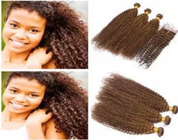 Kinky Curly 6 Medium Brown Brasilian Virgin Hair 3 Bundle affärer med 4x4 spetsstängning färgade brunt mänskliga hårvävbuntar med5218169