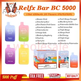 100% Original Relfx Bar BC 5000 Puff Caneta Vape Descartável 5k E Cigarro Malha Bobina 15ml Pod Pré-preenchido 0% 2% 3% 5% Dispositivo Vaporizador de Nível 650mAh Bateria Recarregável 20 sabores