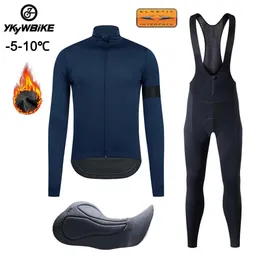 Ykywbike Winter Men Cycling Jersey Set Bib Pants Ride Suit Bike Tights Weatherproof Thermal Fleece Windproof Jacket Bicycle240102