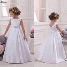 Einfache weiße Satin-Spitze-Blumenmädchenkleider für die Hochzeit, Junior-Brautjungfer, Kinderabend-Geburtstagsfeier, Prinzessinnenkleid, Kleinkind-Erstkommunion, formelle Kleidung CL3142