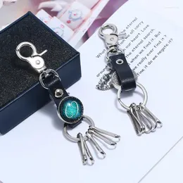 Schlüsselanhänger 12 Konstellation Rindsleder Schlüsselanhänger Stern Universum Zeit Mädchen Taschen Dekoration Auto Anhänger Frauen Glück Schmuck Geschenk