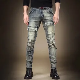 Leichte, luxuriöse Slim-Fit-Stretch-Denim-Hose für Herren, Patchwork-Dekore, Cargo-Jeans mit mehreren Taschen, Moto-Biker-Retro-Blue-Jeans-Hose; 240102