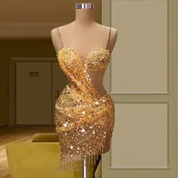 Gold Pailletten Kurze Ballkleider 2024 Meerjungfrau Sparkly Tail Gowns Sexy Spaghettiträger Pageant Special Ocn Frauen Kleid YD 328 328