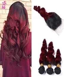 Ombre Brazilian Loose Wave Human Virgin Hair 99j Burgundy Loose Curly Cheap 3 bundles wiith closure Human Hair Weft with Wine Red 3456892