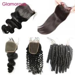 Glamourosa 100 peças de cabelo humano virgem brasileiro onda do corpo em linha reta onda profunda encaracolado kinky encaracolado fechamentos de cabelo separação 4x4 lac4202237