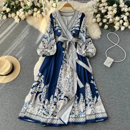 Primavera e outono azul marinho feminino saia longa elegante entalhe impressão boêmio vestido de noite feminino vestido de festa mangas compridas luxo e exclusivo 240102