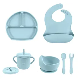 5PCS Silicone Dishes For Baby Feeding Set Sucker Bowl Plate Cup Bibs Spoon Fork Baby Items Safe Dining Plate Children Tableware 231229