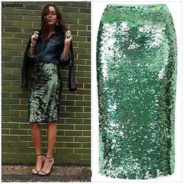 Dress Top Quality Women Green Sequin Zipper Midi Skirt Package Hip Slim Pencil Skirt Femininas Elegant Ladies Party Wear Sexy