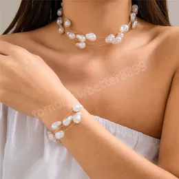 Elegante collana girocollo con perle finte barocche multistrato, bracciale per donna, catena clavicola, gioielli da sposa estetici