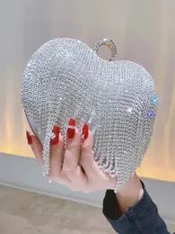 Rhinestone Clutch Heart Shape Luxury Tassel Evening Purse Bag Diamond Wedding Party Handbag Sliver Gold Handle Evening Bag 240102