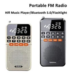 Mini Portable Bluetooth 5.0 FM Radio Dual Antenna Pocket Radiomottagarens högtalare TF -kortmusikspelare med LED -ficklampa 240102