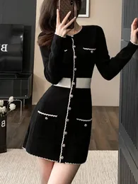 Luxury style women's O-neck contrasting edge single chest long sleeved mini knitted dress for women's clothing Spring/Summer 2024 240102