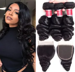 Pacotes de cabelo humano onda solta da Malásia com fecho Remy feixes de cabelo com clousres de renda suíça tecelagem para mulheres preto natural lo2201691