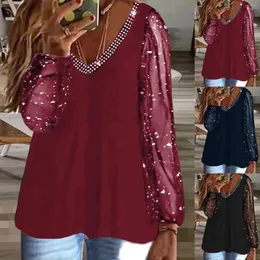 البلوزات النسائية 2024 Rhinestone V-Neck Blouse Plus Size Tops Dasual Fashion Equin Glitter Mesh Long Sleeve Stirts فضفاضة بلوساس