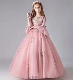Vestidos de menina renda rosa crianças dama de honra flor para festa de casamento alargamento manga pageant vestido de princesa primeira comunhão vestido