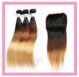 Peruvian Human Hair 1B 4 27 Hair Extensions Bundles With 4X4 Lace Closure With Baby Hair Straight 1B427 Ombre Color 4 Pieceslot3676826