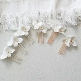 Slbridal el yapımı seramik çiçek tatlı su incileri gelin saç pimi düğün saç çıkartma saç aksesuarları kadın saç takılar 240102