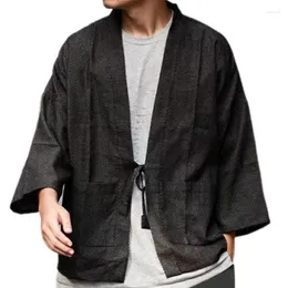 Men's Jackets Japan Style Argyle Texture Men Stand Collar Kimono Jacket 2024 Spring Summer Three Quarter Sleeves Japanese Haori Open Placket