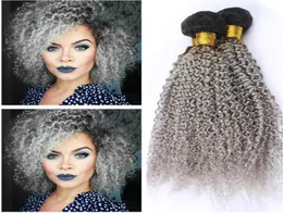 Kinky Curly Brazilian Grey Ombre Human Hair Weave Bundles 3pcs Lot 1bsilver Grey Dark Root Ombre Virgin Human Hair Extensio8711540