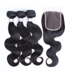 3 Bundles with 44 Lace Closure Peruvian Remy Hair Extension Body Wave Natural Color Brazilian Indian Malaysian Virgin Human Hair 1027596