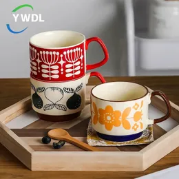 YWDL Japanese Flower Coffee Mug Set Retro Ceramic Milk Oats Office Water Handgrip Cup Kitchen Party Drinkware 300ml 240102