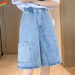 Jeans Dfrcaeg 2023 Summer Elastic Waist Denim Shorts for Women Wide Leg Loose Bermuda Shorts with Big Pockets Street Wear Jeans Female