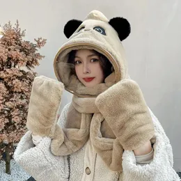 Berets Knitted Hat Winter Women's Windproof 3-in-1 Scarf Gloves Set With Plush Bear Decor Thick Detachable Protective Cycling Neck