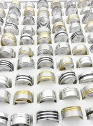 Whole 100PCsLot Stainless Steel Band Rings Black Gold Silver Striped Patterns Mix Styles Fashion Jewelry Party Gift8018848