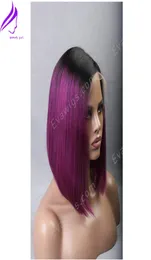 Verkauf von kurzen Bob-Straight-Synthetik-Perücken, hitzebeständig, schwarze Wurzeln, Ombre-Lila, synthetische Lace-Front-Perücken für schwarze Frauen 4601804