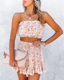 Fatos femininos floral cintura com umbigo exposto peito envolto ombros fora boêmio vestido de macacão de duas peças para o verão